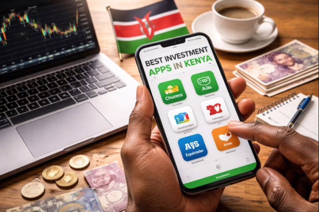 Smartphone displaying popular investment apps in Kenya on a work desk with stock market charts and Kenyan currency.